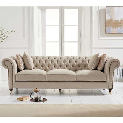 An Image of Cemori Chesterfield Linen 3 Seater Sofa In Cream