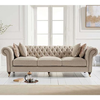 0c00cdfe9695e19d882261698e2c2461342682029638a75a1382adc5f3e85e45.jpg An Image of Cemori Chesterfield Linen 3 Seater Sofa In Cream