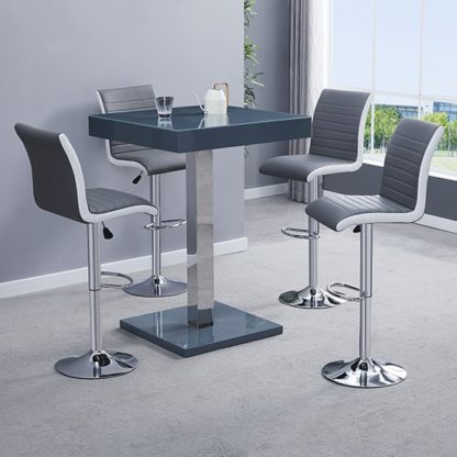 An Image of Topaz Modern Bar Table In Grey High Gloss With 4 Ritz Stools