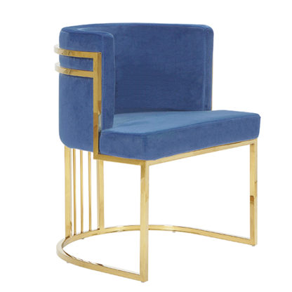 An Image of Casoli Velvet Dining Chair In Blue With Gold Legs