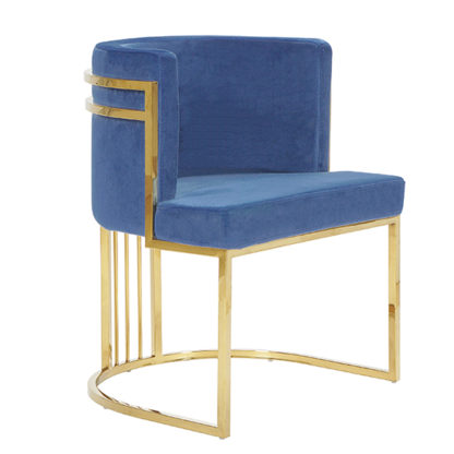 10636293b078e4d545e0a181b47732ca6d606579bc518c7da48b5b4cf16fbdd7.jpg An Image of Casoli Velvet Dining Chair In Blue With Gold Legs