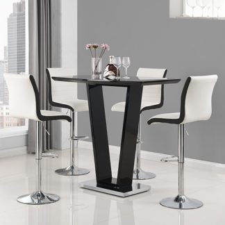 An Image of Ilko High Gloss Bar Table In Black With 4 Ritz White Black Stool