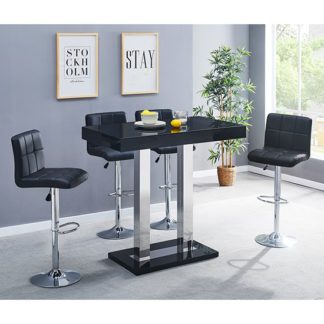 An Image of Caprice Glass Bar Table In Black With 4 Coco Black Stools