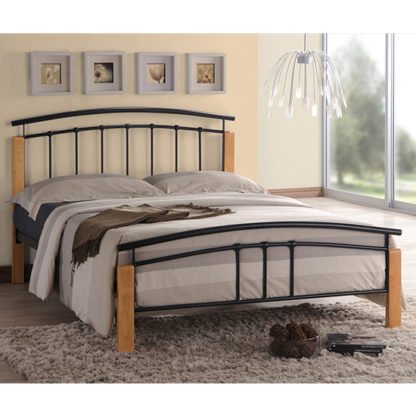 An Image of Tetron Metal Double Bed In Black With Beech Wooden Posts