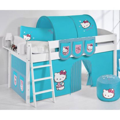 An Image of Lilla Children Bed In White With Kitty Turquoise Curtains