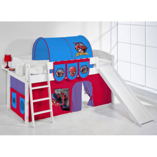 An Image of Lilla Slide Children Bed In White With Spiderman Curtains