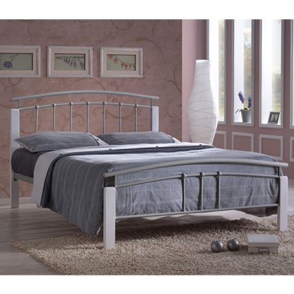 An Image of Tetron Metal Small Double Bed In Silver With White Wooden Posts