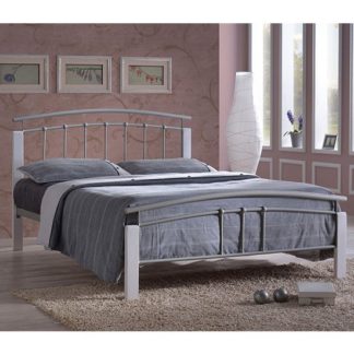 An Image of Tetron Metal King Size Bed In Silver With White Wooden Posts