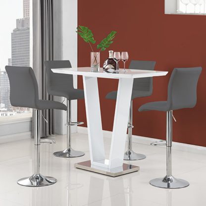 1e873c35a490ca3a16b34a95ea6c289351987efd5c4e204327ca0bd2be3e5cd0.jpg An Image of Ilko High Gloss Bar Table In White With 4 Ripple Grey Stools