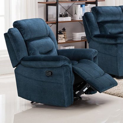 1fef1bfae73bf64d5d1878a292b86f5b234b449494922fb6526a288516a39845.jpg An Image of Dudley Fabric Upholstered Recliner Chair In Nett Blue