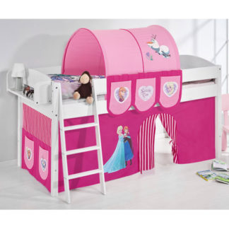 An Image of Lilla Children Bed In White With Frozen Pink Curtains