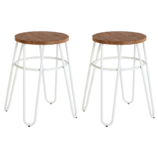 An Image of Pherkad Wooden Hairpin Stools With White Metal Legs In Pair