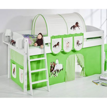 An Image of Lilla Children Bed In White With Horses Green Curtains
