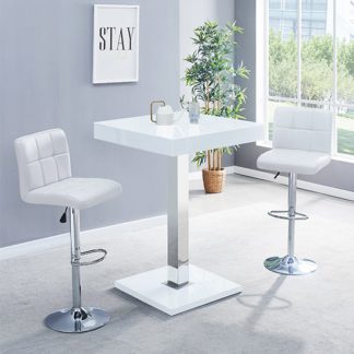 An Image of Topaz Glass Bar Table In White Gloss With 2 Coco White Stools