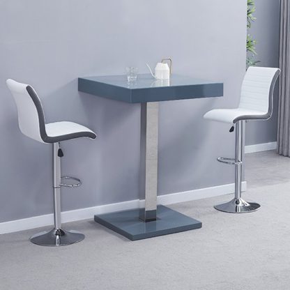 An Image of Topaz Glass Bar Table In Grey With 2 Ritz White Grey Stools