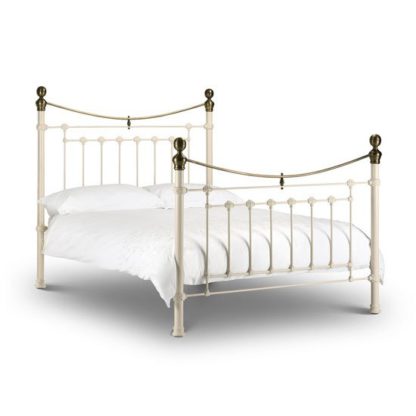 An Image of Victory Metal Double Bed In Stone White With Real Brass Effect