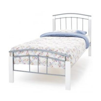 An Image of Tetras Metal Single Bed In Silver With White Posts