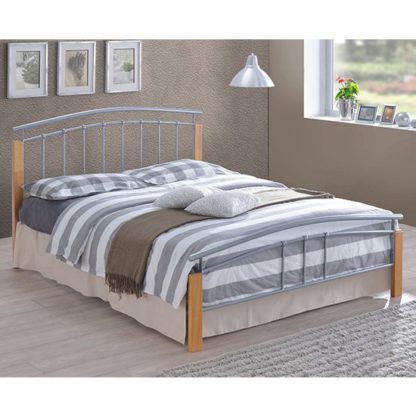 An Image of Tetron Metal Double Bed In Silver With Beech Wooden Posts