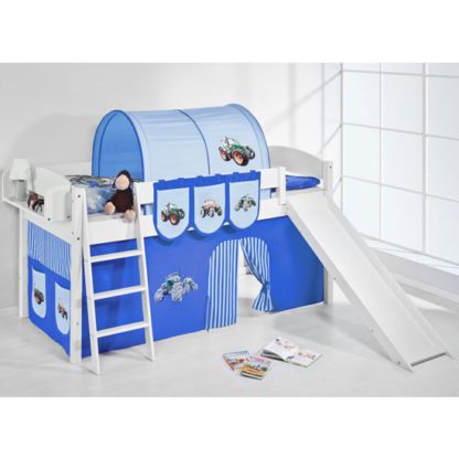 An Image of Lilla Slide Children Bed In White With Tractor Blue Curtains