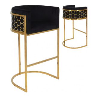 An Image of Meta Black Velvet Bar Stools In Pair With Gold Legs