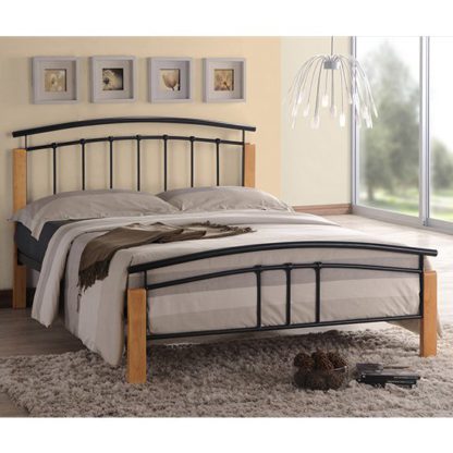 An Image of Tetron Metal Small Double Bed In Black With Beech Wooden Posts