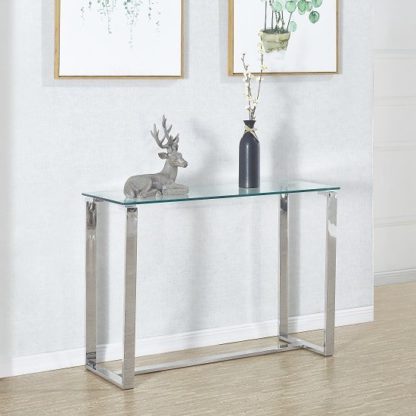 35d669b38d3beb9b7ca26854e54384eeb48a5f1c29546e29ba3590dcbe662a0f.jpg An Image of Megan Clear Glass Rectangular Console Table With Chrome Legs