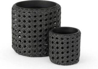 An Image of Chester Set of 2 Round Polyrattan Planters, Black