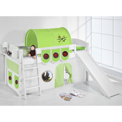 An Image of Lilla Slide Children Bed In White With Dragons Green Curtains