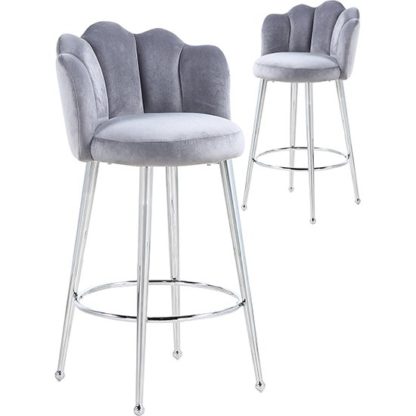 An Image of Mario Grey Velvet Bar Stools In Pair With Silver Legs