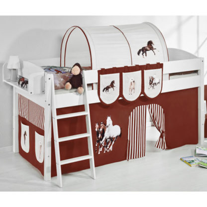 An Image of Lilla Children Bed In White With Horses Brown Curtains