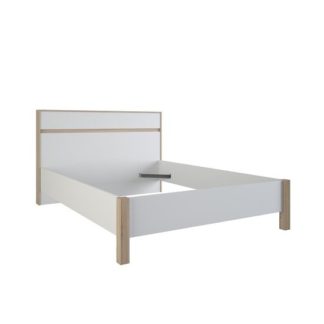 An Image of Corban Wooden Double Bed In Brushed Oak And White Pearl