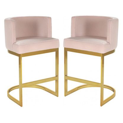 An Image of Lauro Pink Velvet Bar Chairs In Pair With Gold Legs