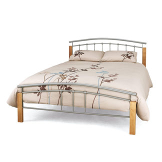 An Image of Tetras Metal Small Double Bed In Silver With Beech Posts
