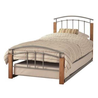 An Image of Tetras Metal Single Bed With Guest Bed In Silver With Beech Post