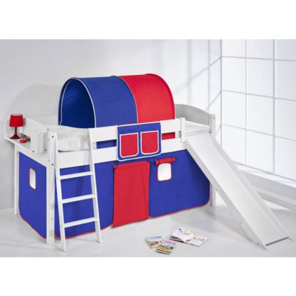 An Image of Lilla Slide Children Bed In White With Blue Red Curtains