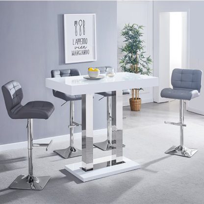 An Image of Caprice Glass Bar Table In White With 4 Candid Grey Stools