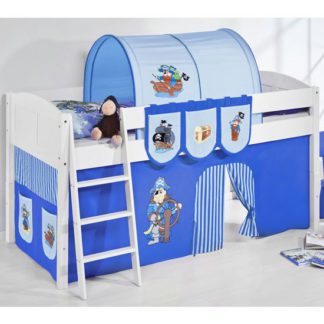 An Image of Hilla Children Bed In White With Pirate Blue Curtains