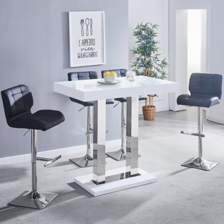 An Image of Caprice Glass Bar Table In White With 4 Candid Black Stools