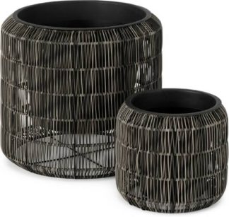 An Image of Nadda Set of 2 Round Polyrattan Plant Stands, Brown