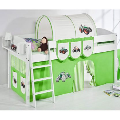 An Image of Lilla Children Bed In White With Tractor Green Curtains