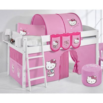 5370eab063c6f3c9ffb157d96cc56ea21c6cd6b7e243470dd4abfdab0fbee117.jpg An Image of Lilla Children Bed In White With Kitty Pink Curtains