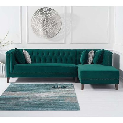 568028b7063a775184a763dcbb07e622afa03a82431e833c4d71ce93c824c254.jpg An Image of Tislit Velvet Right Facing Chaise Sofa Bed In Green