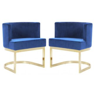 An Image of Lauro Blue Velvet Dining Chairs In Pair With Gold Legs