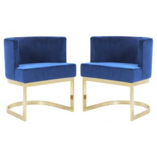 An Image of Lauro Blue Velvet Dining Chairs In Pair With Gold Legs