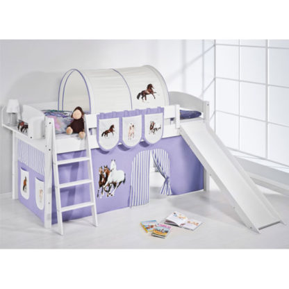 5841931b907fbedeadb6cc2828d3b532e3e79afbd82cd0db54468051549187e9.jpg An Image of Lilla Slide Children Bed In White With Horses Purple Curtains