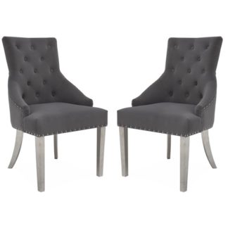 An Image of Estela Knockerback Grey Velvet Dining Chairs In Pair