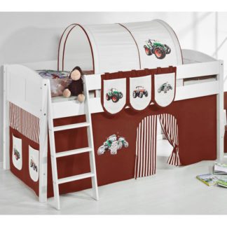 An Image of Hilla Children Bed In White With Tractor Brown Curtains