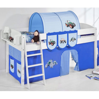 An Image of Lilla Children Bed In White With Tractor Blue Curtains