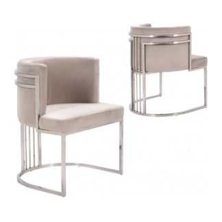 An Image of Casoli Beige Velvet Dining Chairs In Pair With Silver Legs