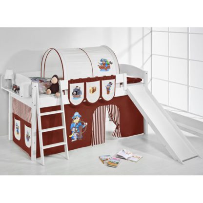 An Image of Lilla Slide Children Bed In White With Pirate Brown Curtains